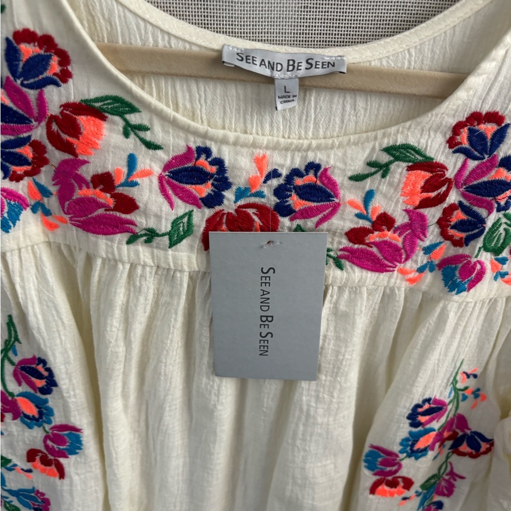 Women's Embroidered Blouse - Cream with Multicolor Floral
